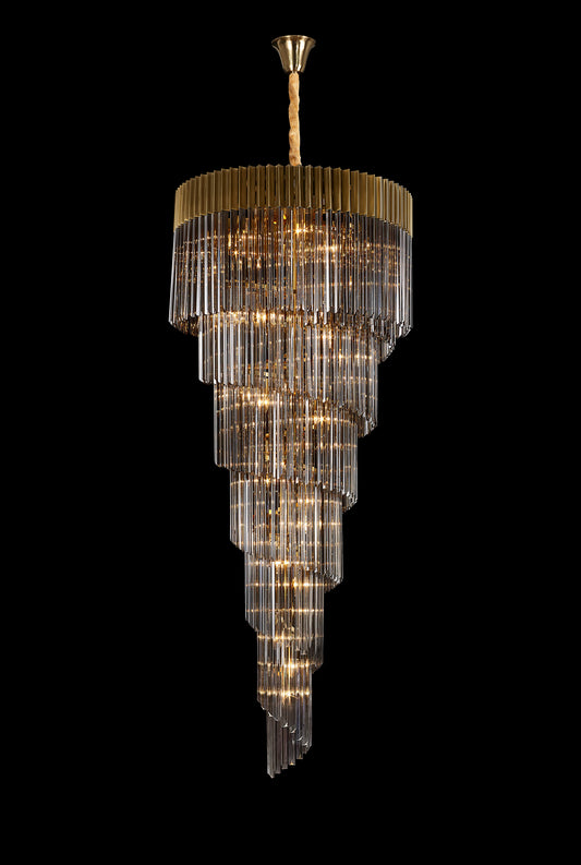 Kiera 90cm Pendant Round 7 Layer Spiral 31 Light E14, Brass / Smoke Sculpted Glass, Item Weight: 93kg