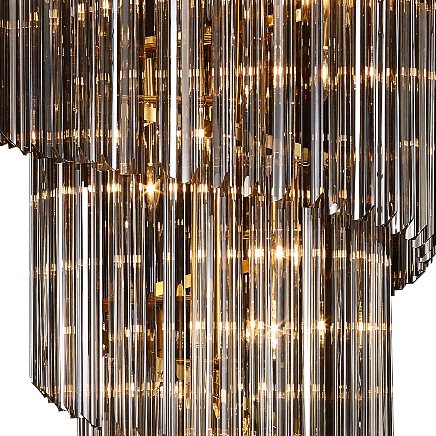 Kiera 90cm Pendant Round 7 Layer Spiral 31 Light E14, Brass / Smoke Sculpted Glass, Item Weight: 93kg