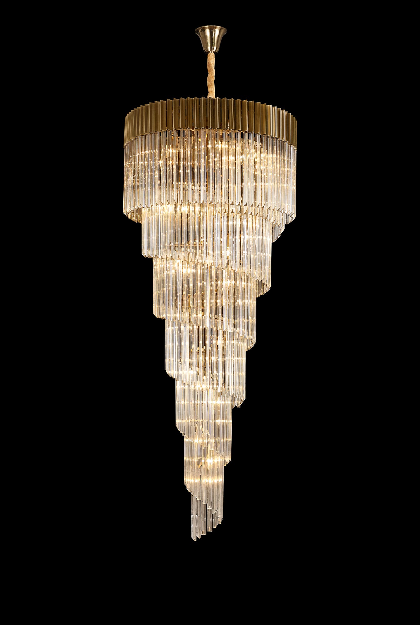 Kiera ,90cm Pendant Round 7 Layer Spiral 31 Light E14, Brass / Cognac Sculpted Glass, Item Weight: 93kg