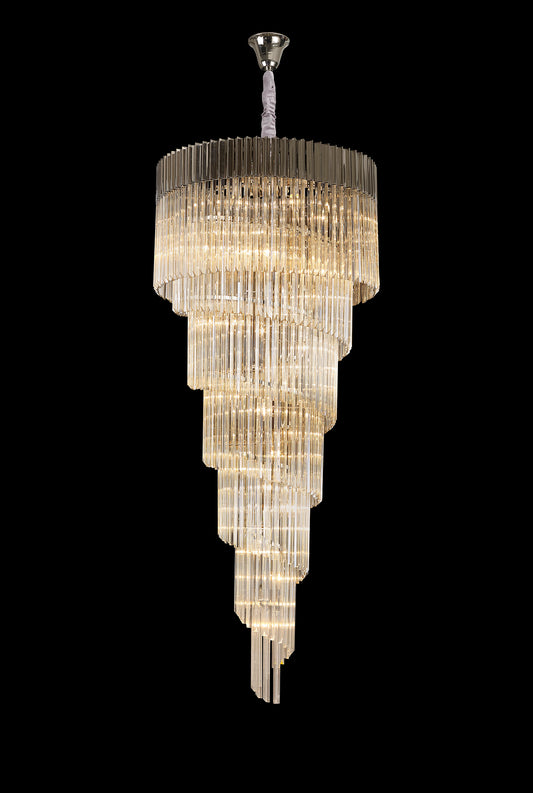 Kiera 90cm Pendant Round 7 Layer Spiral 31 Light E14, Polished Nickel / Cognac Sculpted Glass, Item Weight: 93kg