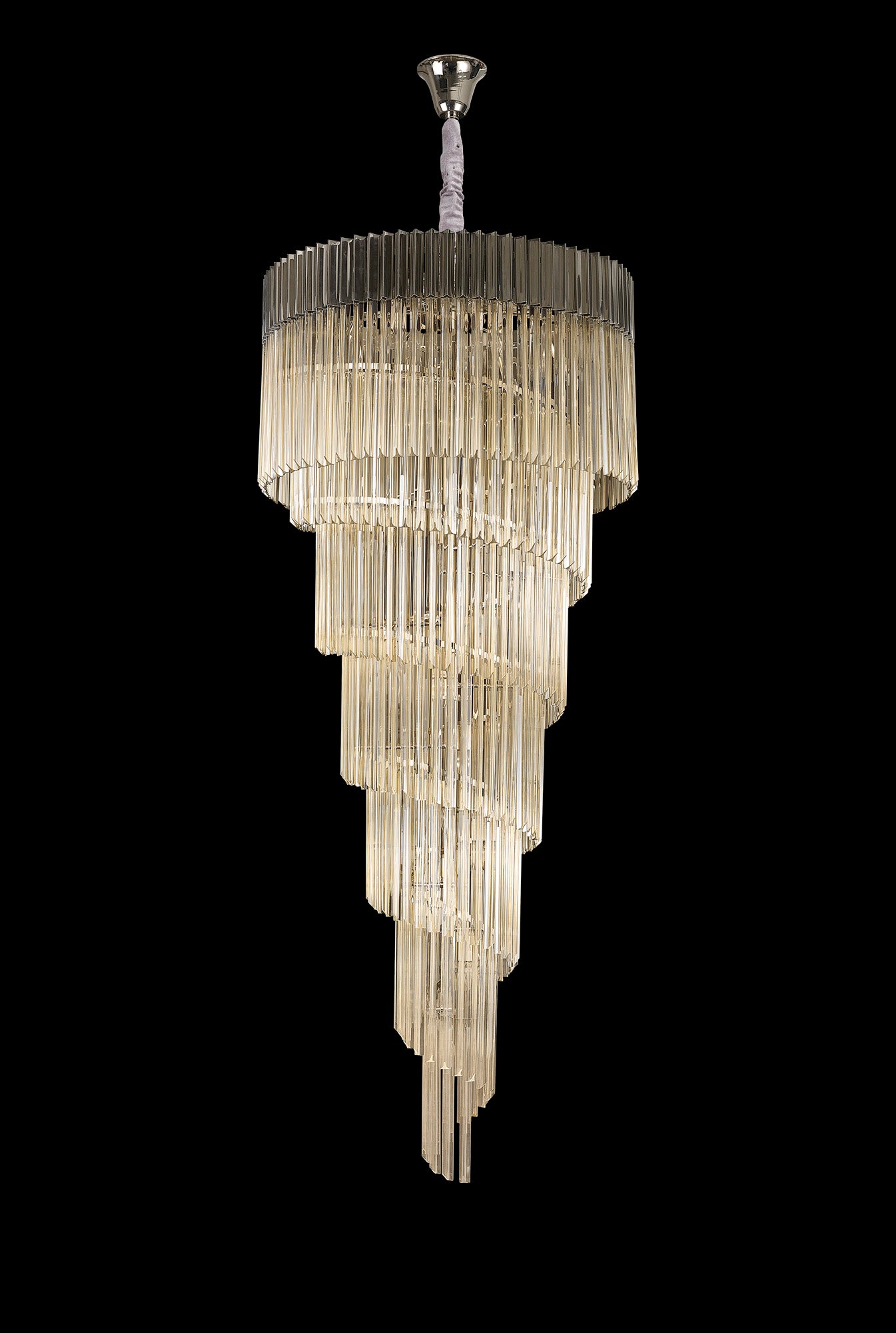 Kiera 90cm Pendant Round 7 Layer Spiral 31 Light E14, Polished Nickel / Cognac Sculpted Glass, Item Weight: 93kg