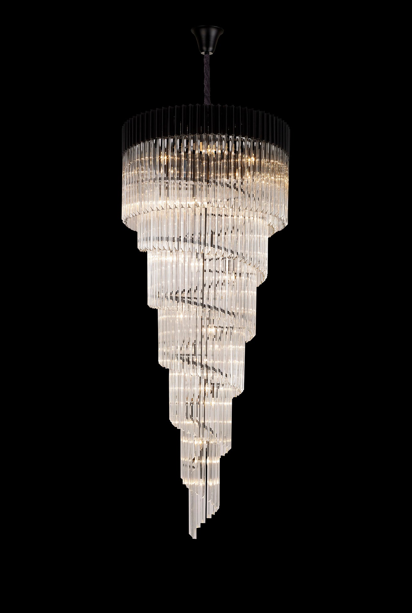 Kiera 90cm Pendant Round 7 Layer Spiral 31 Light E14, Matt Black / Clear Sculpted Glass, Item Weight: 92.7kg