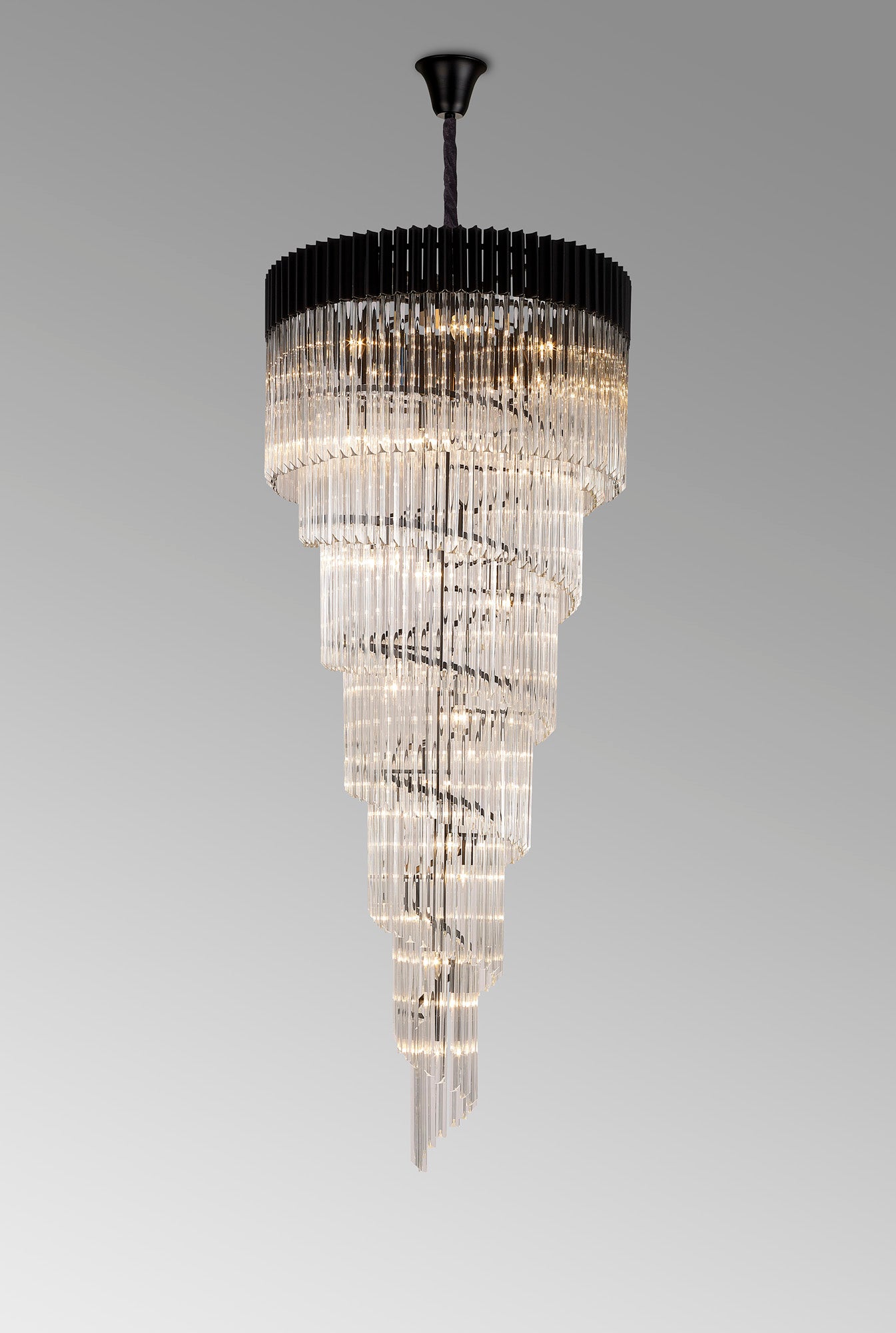 Kiera 90cm Pendant Round 7 Layer Spiral 31 Light E14, Matt Black / Clear Sculpted Glass, Item Weight: 92.7kg