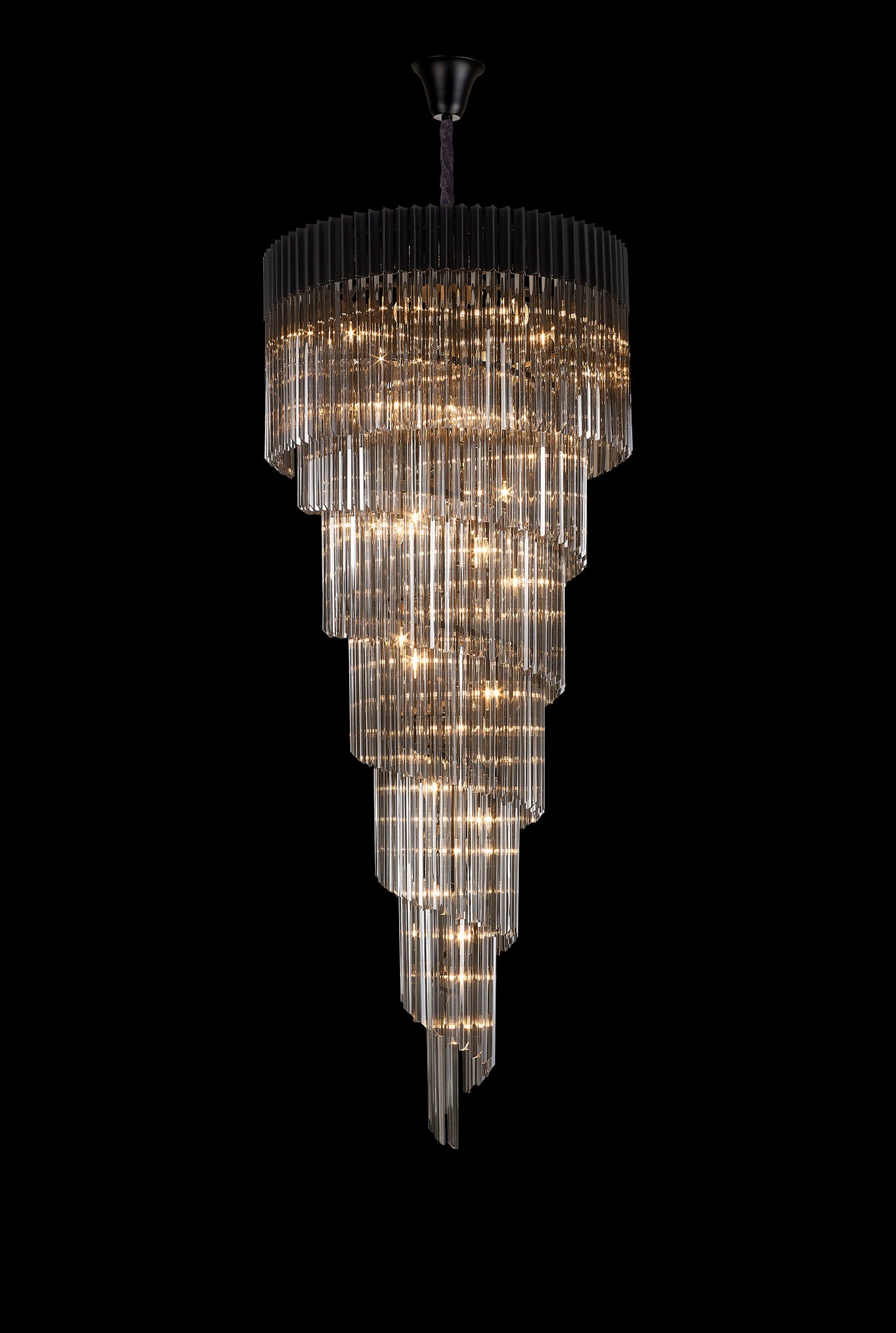 Kiera 90cm Pendant Round 7 Layer Spiral 31 Light E14, Matt Black / Smoke Sculpted Glass, Item Weight: 93kg