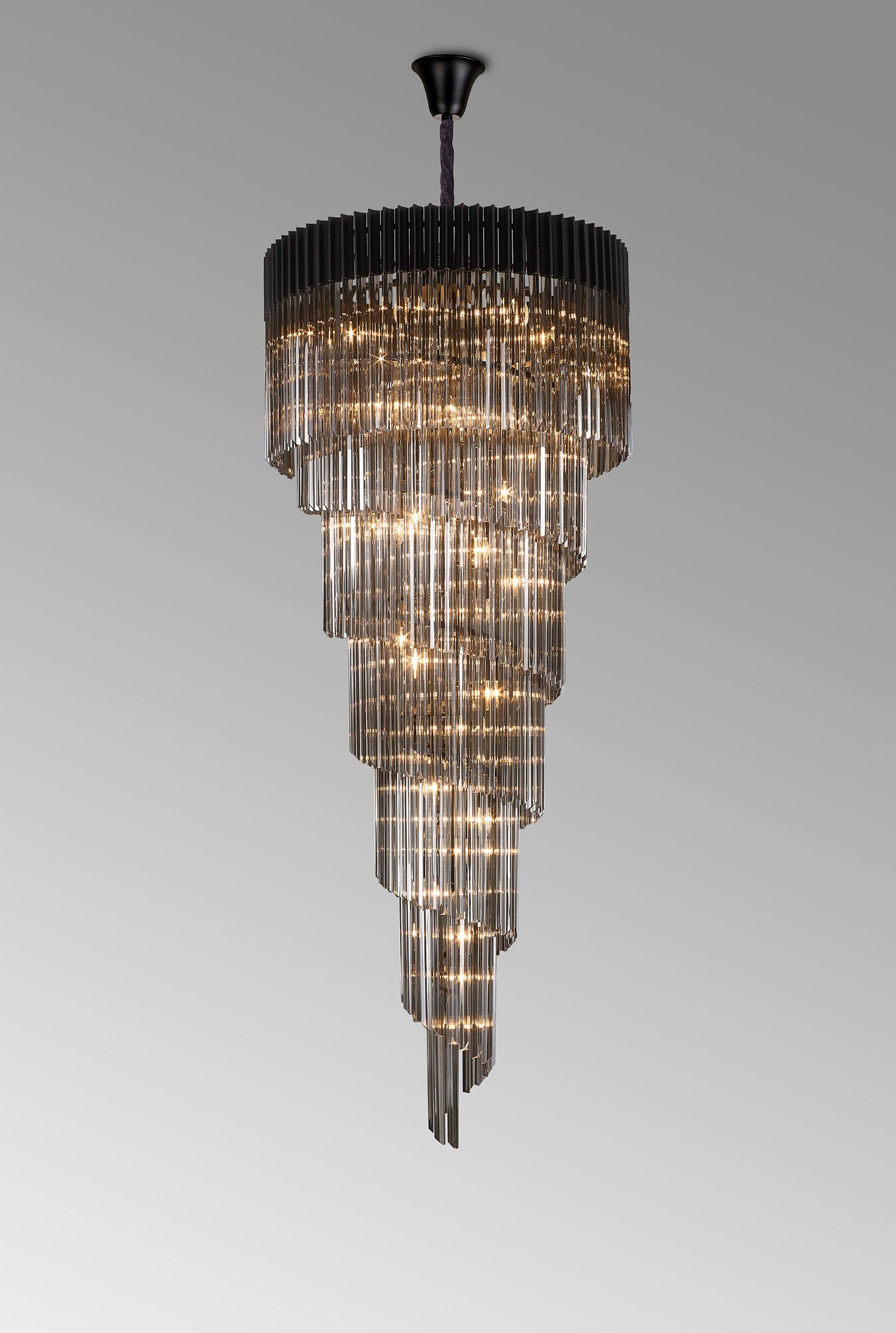 Kiera 90cm Pendant Round 7 Layer Spiral 31 Light E14, Matt Black / Smoke Sculpted Glass, Item Weight: 93kg