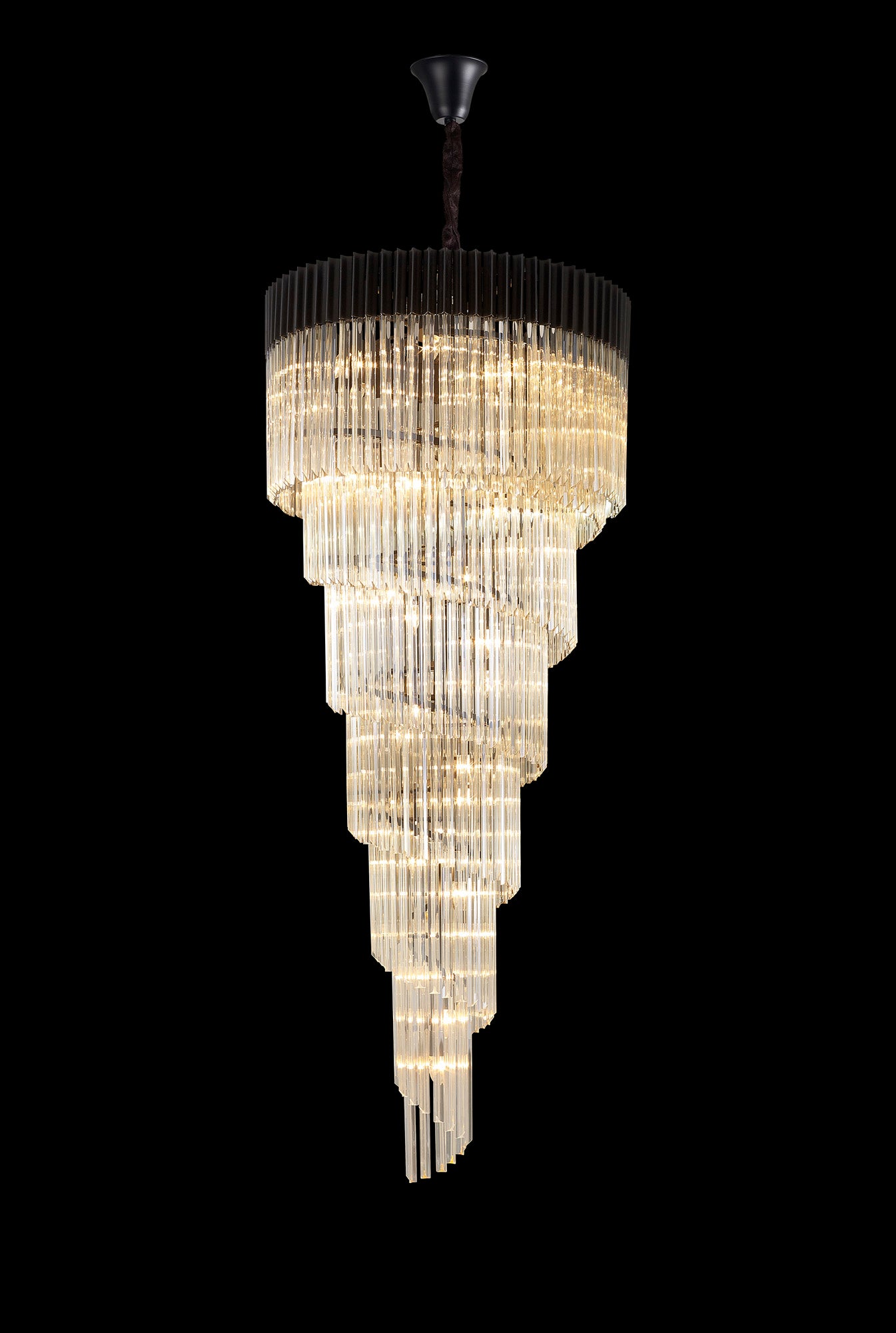 Kiera 90cm Pendant Round 7 Layer Spiral 31 Light E14, Matt Black / Cognac Sculpted Glass, Item Weight: 93kg