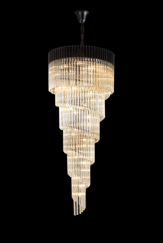 Kiera 90cm Pendant Round 7 Layer Spiral 31 Light E14, Matt Black / Cognac Sculpted Glass, Item Weight: 93kg