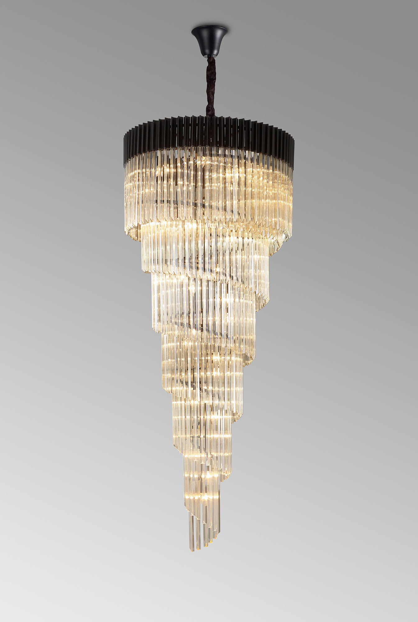 Kiera 90cm Pendant Round 7 Layer Spiral 31 Light E14, Matt Black / Cognac Sculpted Glass, Item Weight: 93kg