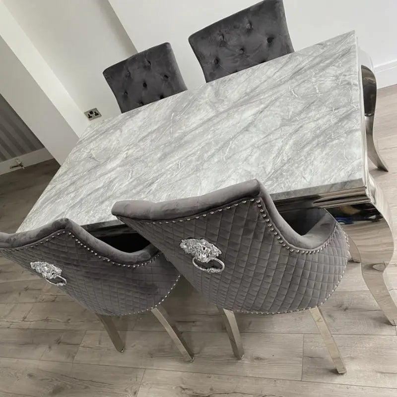 Louis 150cm Grey Marble Dining Set with Majesty Velvet Lion Knocker Chairs Home Store Living