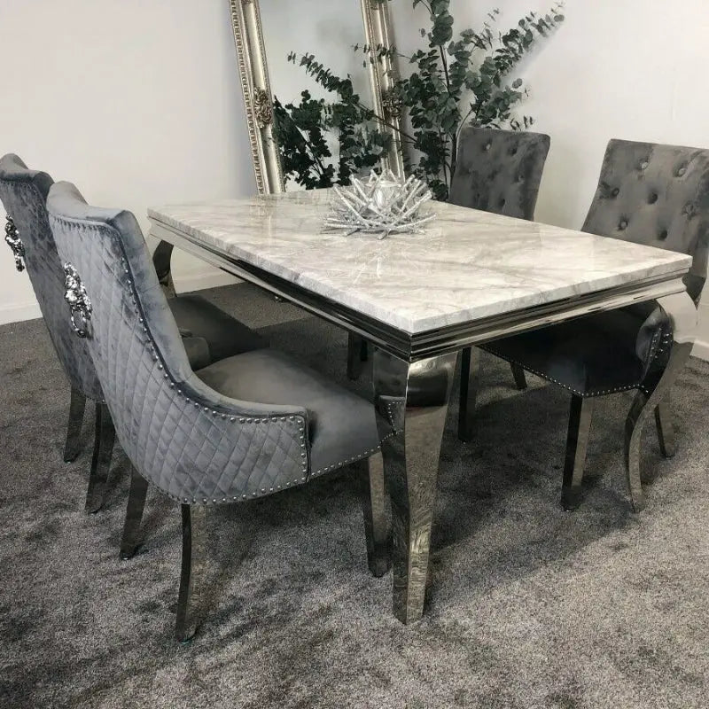 Louis 150cm Grey Marble Dining Set with Majesty Velvet Lion Knocker Chairs Home Store Living