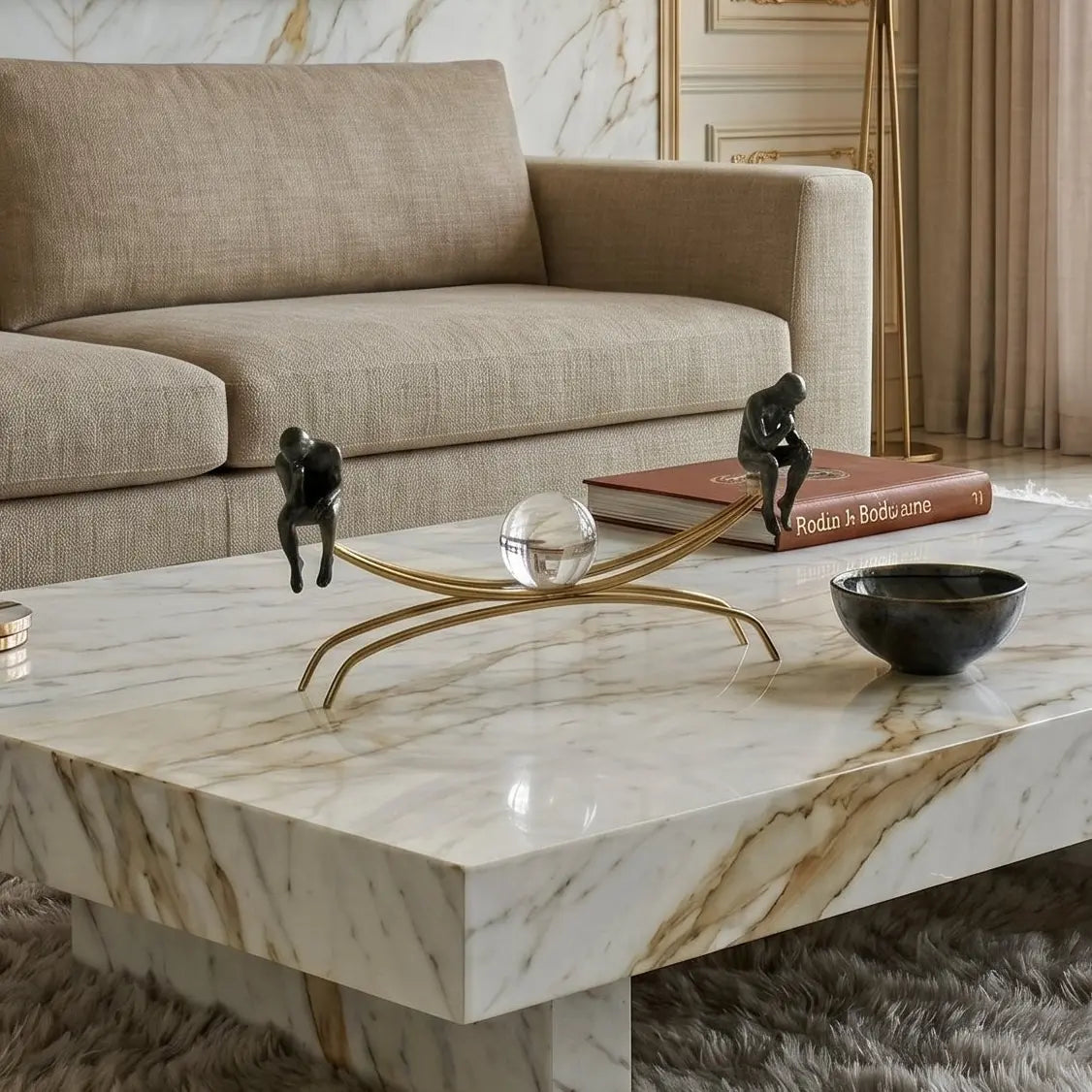 Modern living room with marble coffee table, beige sofa, and cityscape view.