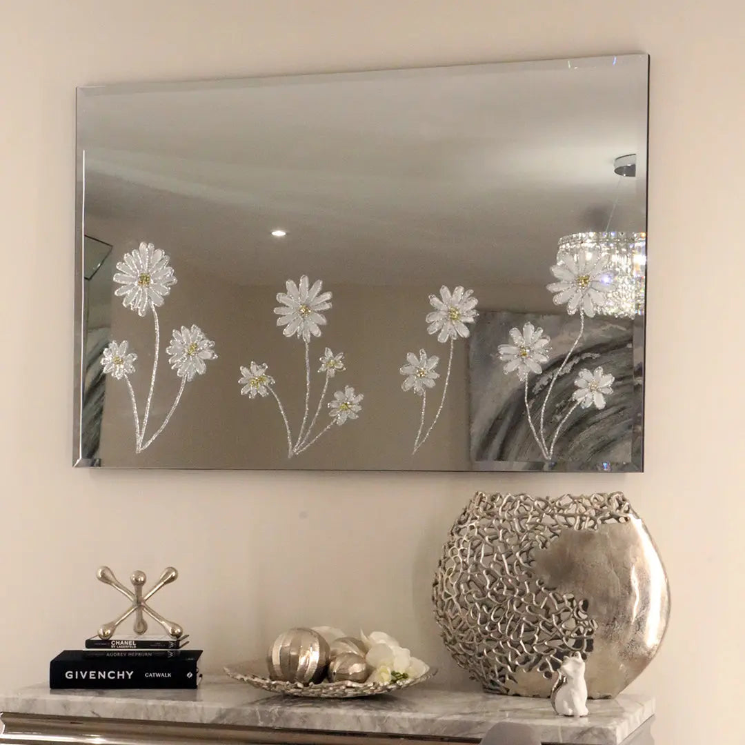 White Daisy Flowers Mirror -120cm x80cm Home Store Living