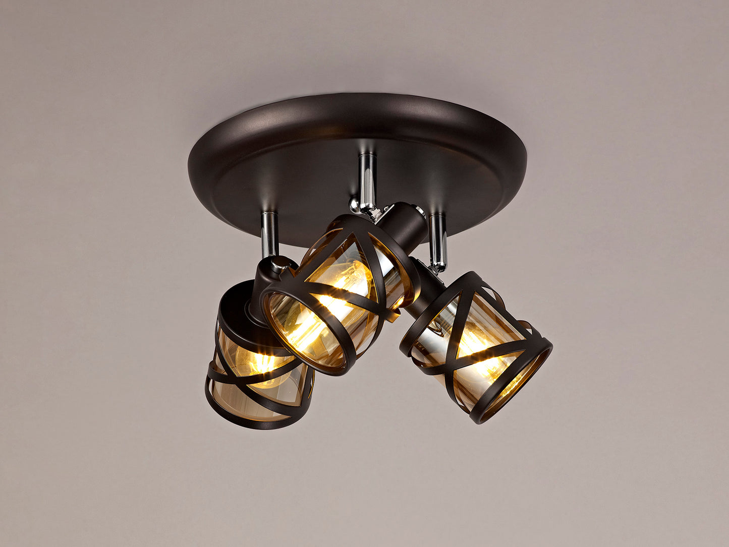 Nolan 3 Light Round Spotlight E14, Oiled Bronze/Polished Chrome/Amber