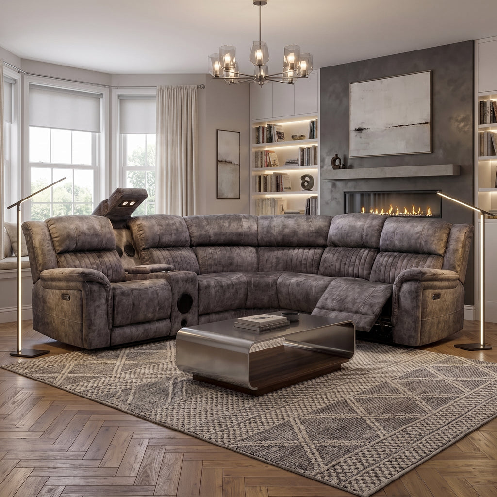 Cheshire Tech Corner Recliner Sofa | Electric Reclining Corner Sofa with USB, Bluetooth Speakers & Drinks Coolers L H International