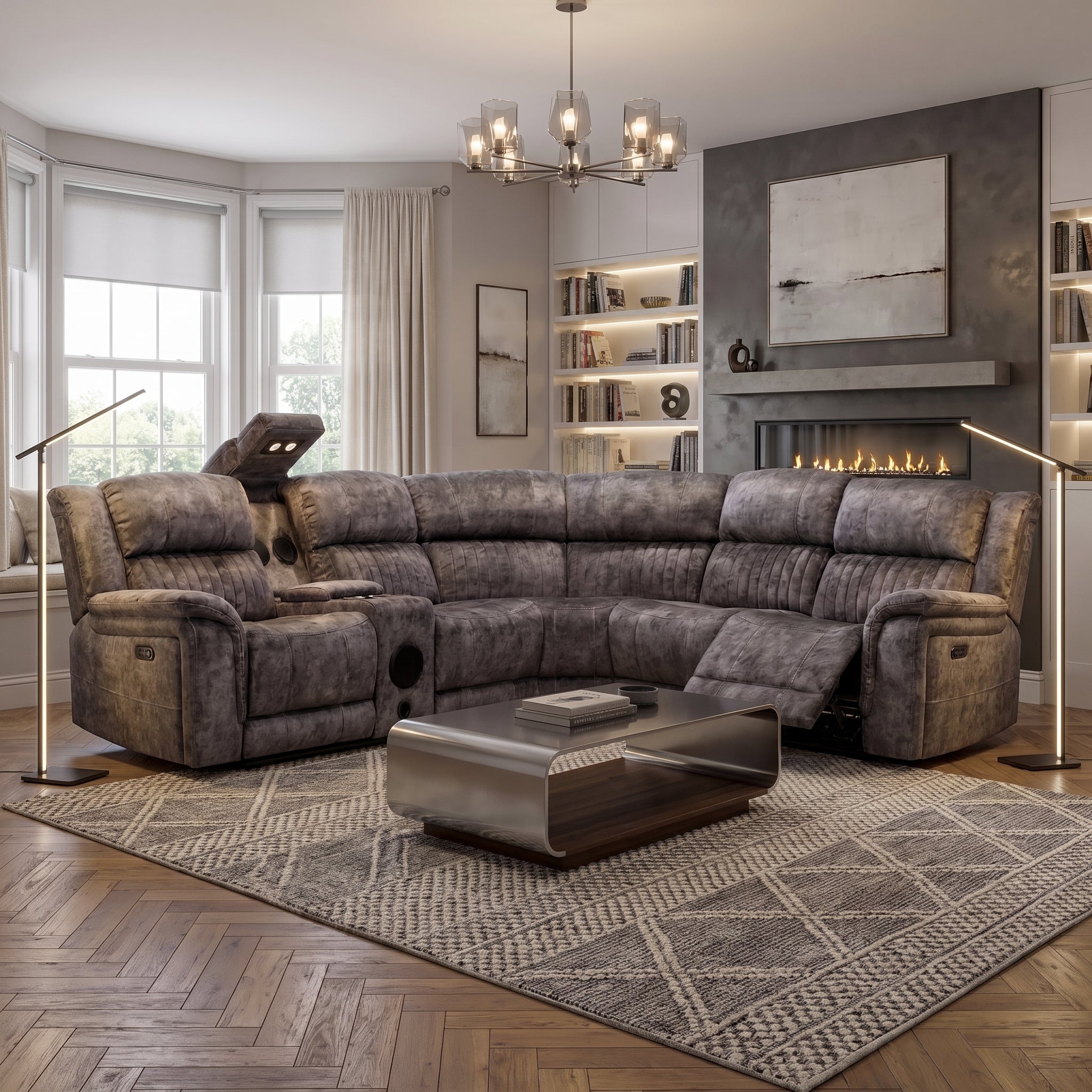 Cheshire Tech Corner Recliner Sofa | Electric Reclining Corner Sofa with USB, Bluetooth Speakers & Drinks Coolers L H International