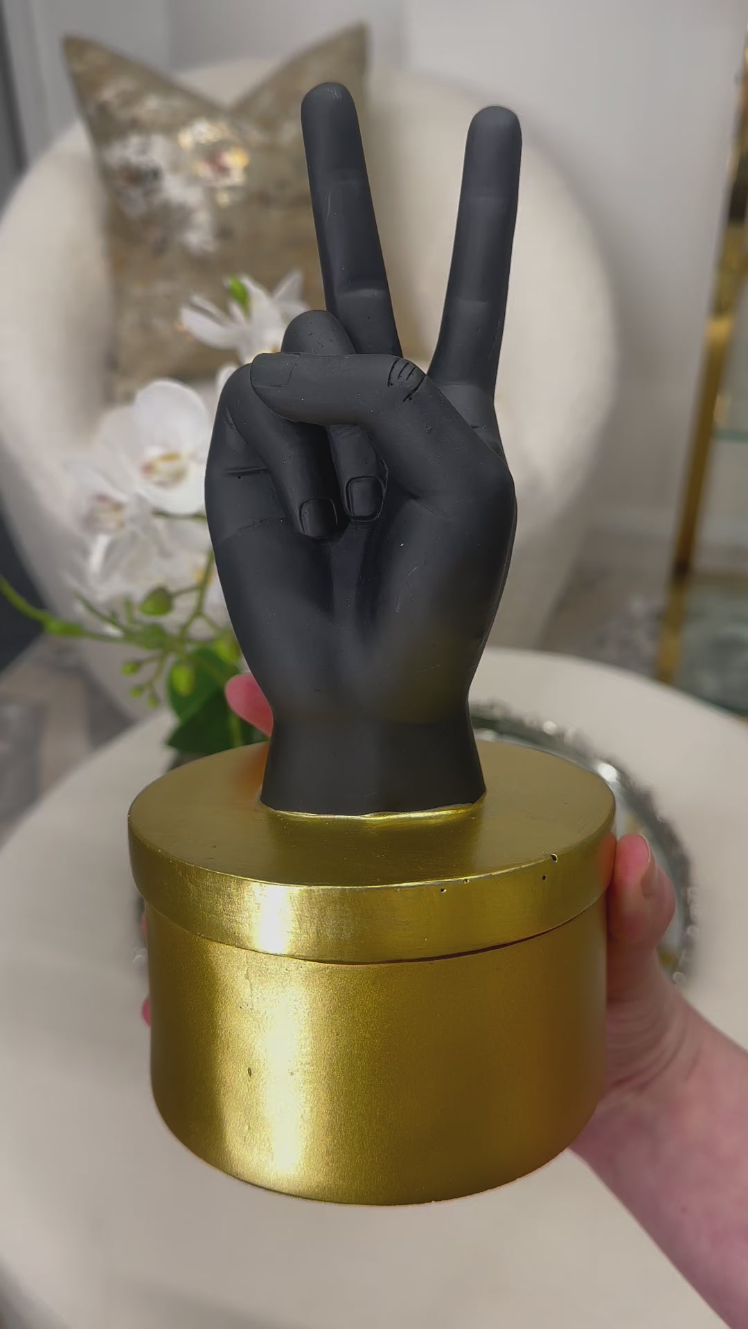 Decorative Black & Gold Peace Hand Trinket Box