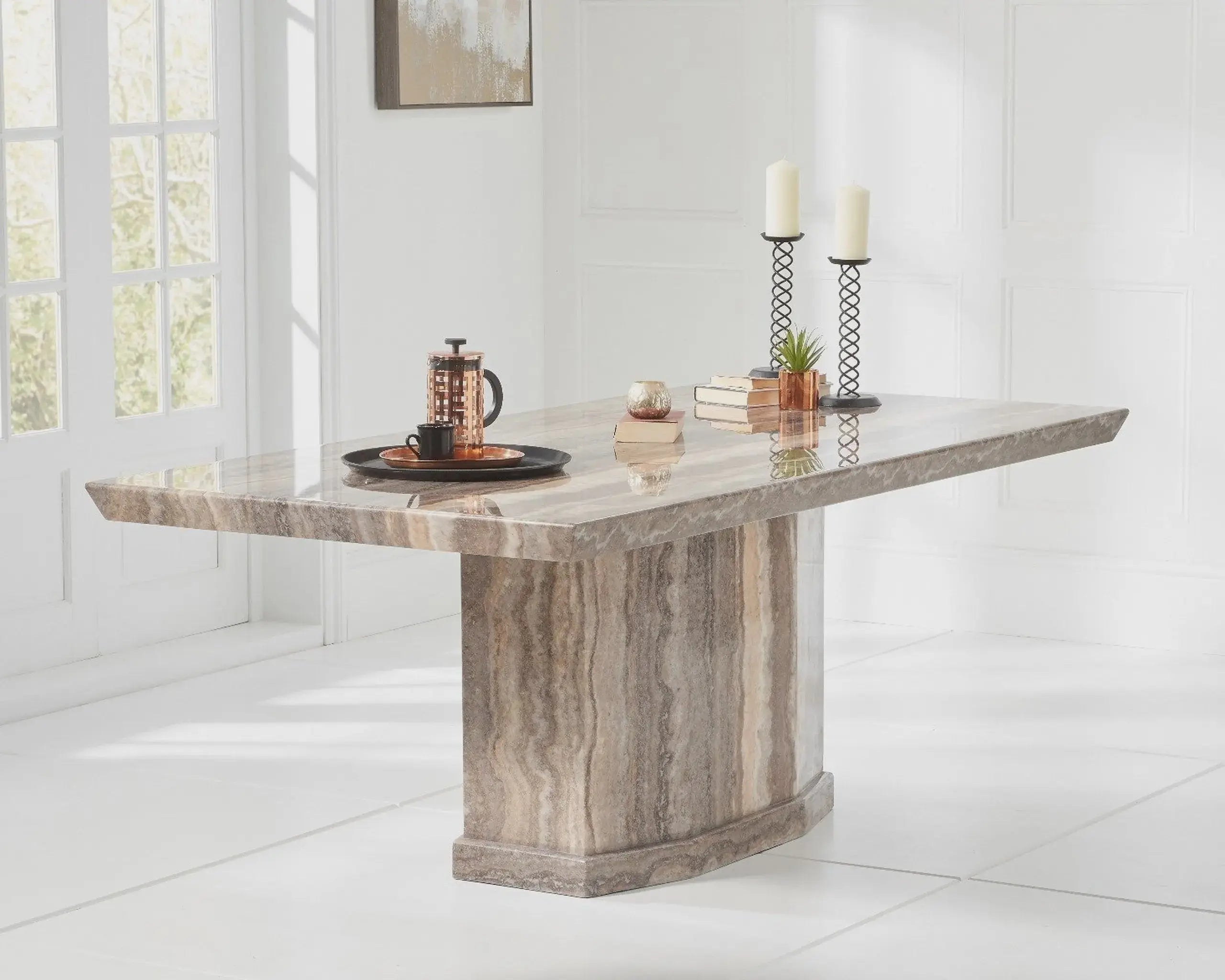 Carville 200cm Brown Pedestal Marble Dining Table (2502) L H International