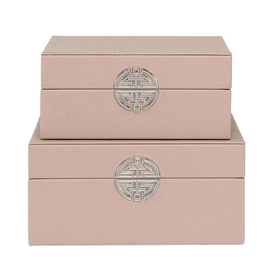 Set of 2 Rose Pink & Silver Faux Leather Jewellery Storage Boxes Home Store Living