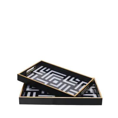 Set of 2 Black & White Rectangular Trays CIMC