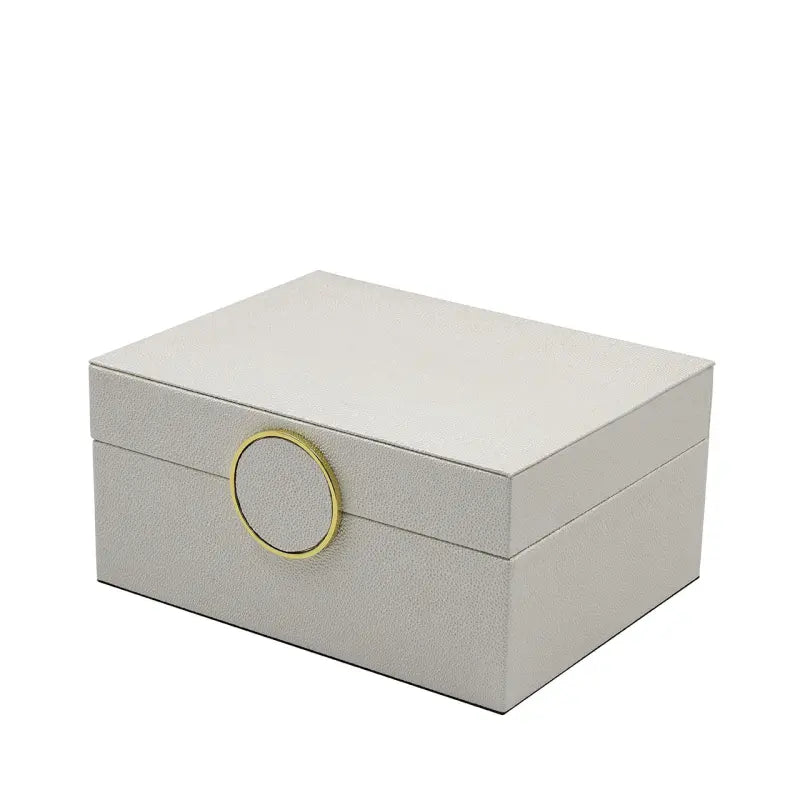 Set of 2 White Faux Litchi with Gold Ring Handle Jewellery Boxes CIMC