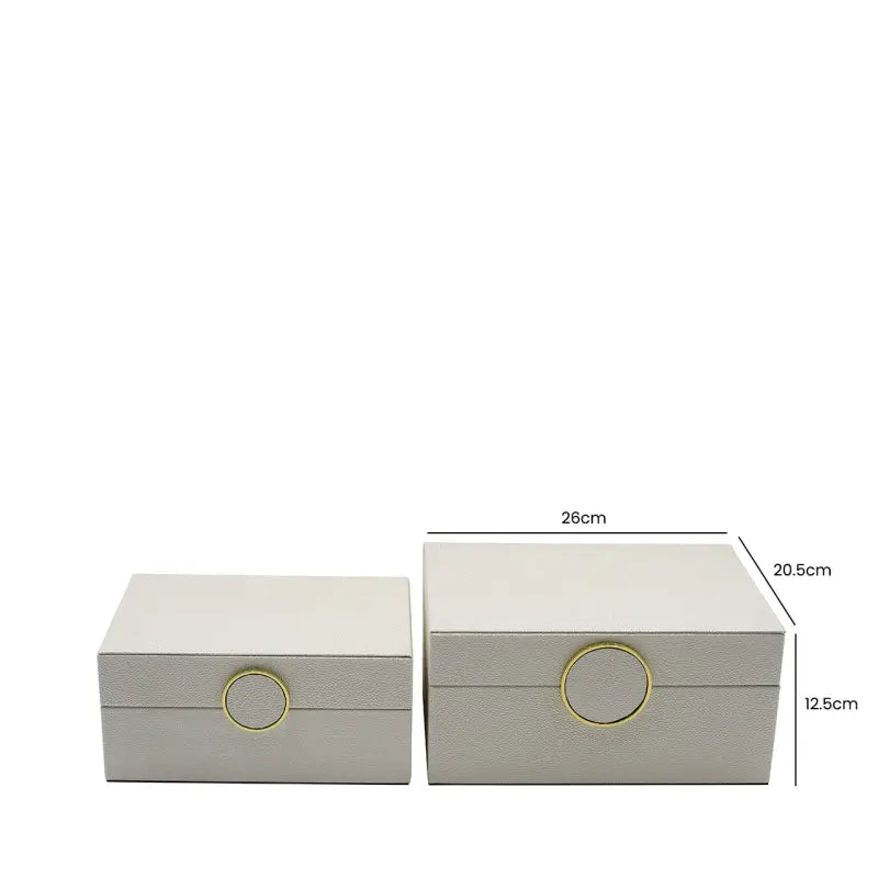 Set of 2 White Faux Litchi with Gold Ring Handle Jewellery Boxes CIMC