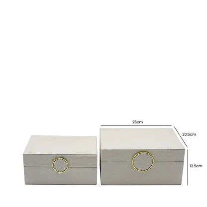 Set of 2 White Faux Litchi with Gold Ring Handle Jewellery Boxes CIMC