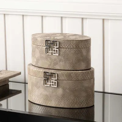 Taupe Faux Snake Leather Oval Jewellery Boxes (Set of 2) CIMC