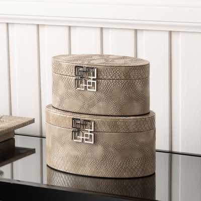 Set of 2 Taupe Faux Snake Leather Oval boxes CIMC
