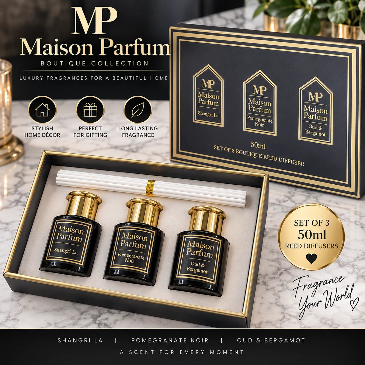 Black Reed Diffuser Gift Set 3 x 50ml – Shangri-La, Pomegranate Noir & Oud & Bergamot Lesser & Pavey Ltd