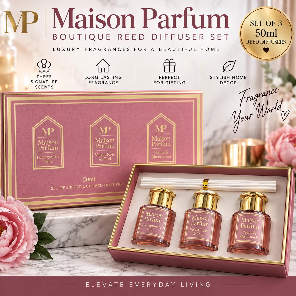 Pink Reed Diffuser Gift Set 3 x 50ml – Pomegranate Noir, Rose & Oud & Peony Blush Lesser & Pavey Ltd
