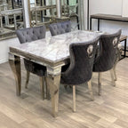 Louis 1.5m Grey Marble Dining Set with Majestic Plush Velvet Lion Knocker Dining Chairs AWS