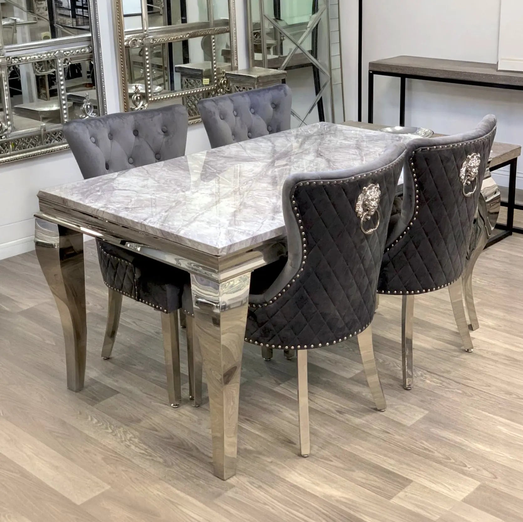 Louis 1.5m Grey Marble Dining Set with Majestic Plush Velvet Lion Knocker Dining Chairs AWS