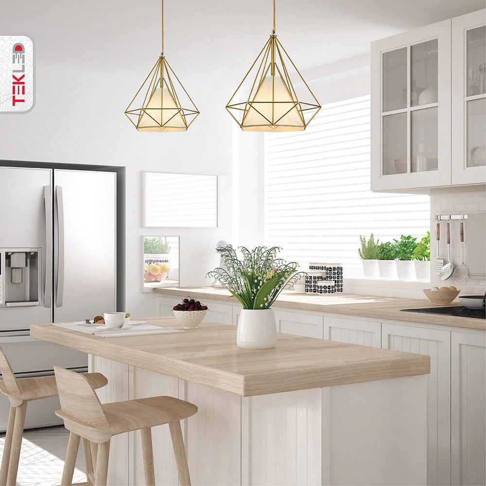 Opal Shade Wired Geometric Cage Pendant Ceiling Light Home Store Living