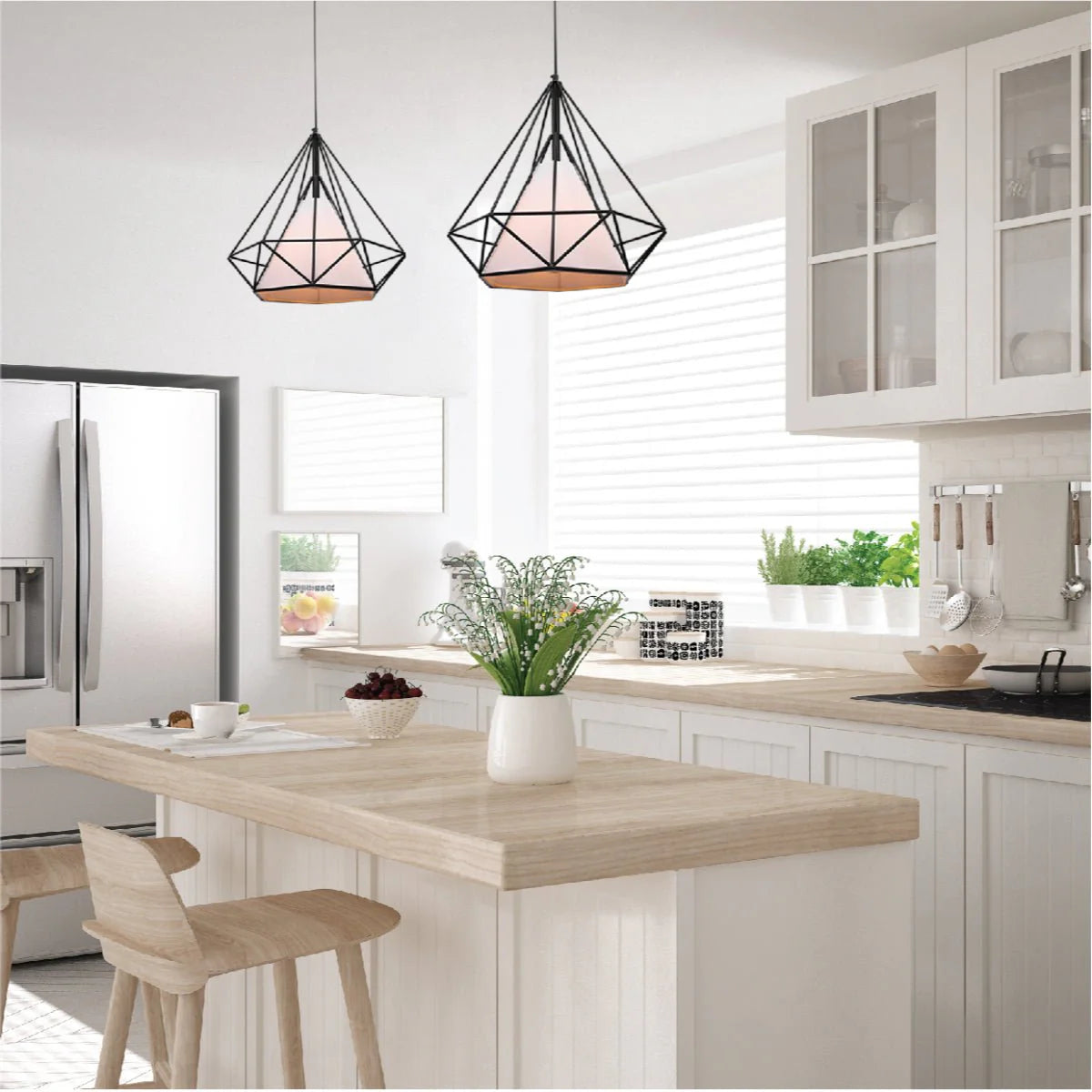 Opal Shade Wired Geometric Cage Pendant Ceiling Light Home Store Living