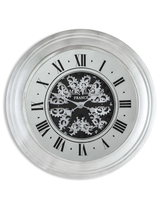 Silver Mirrored Face Antique Style Moving Gears Clock Home Store Living