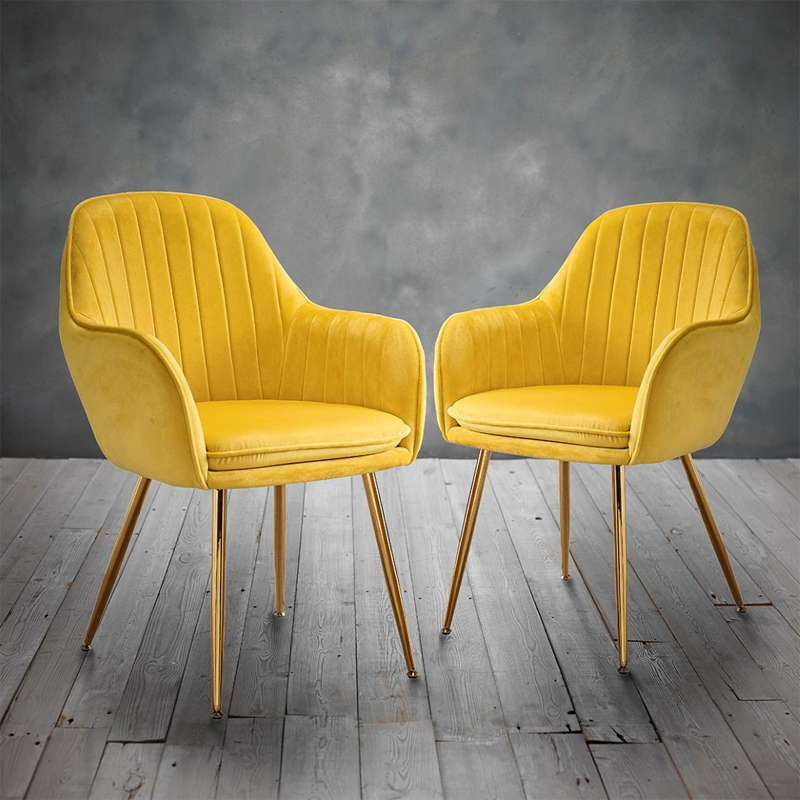 Set of 2 Leela Dining Chairs, Yellow Ochre Velvet Home