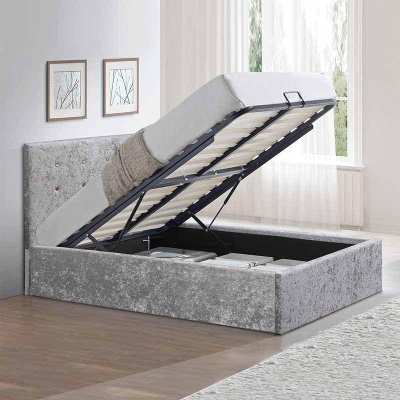 Ramona Silver Crushed Velvet Ottoman, Silver Leather Ottoman Bed Double