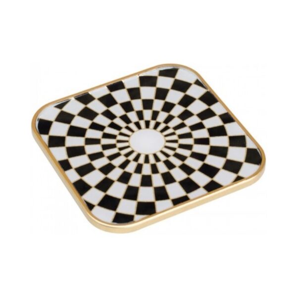 White and gold square coaster with checkerboard pattern